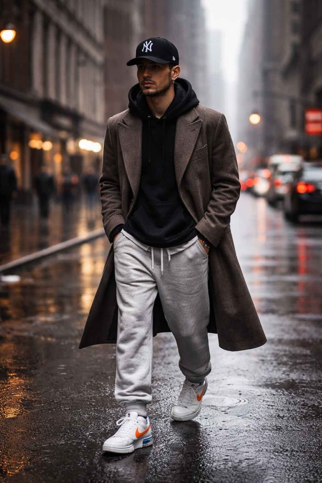 baseball cap, sweat pants, and Nike Cortez